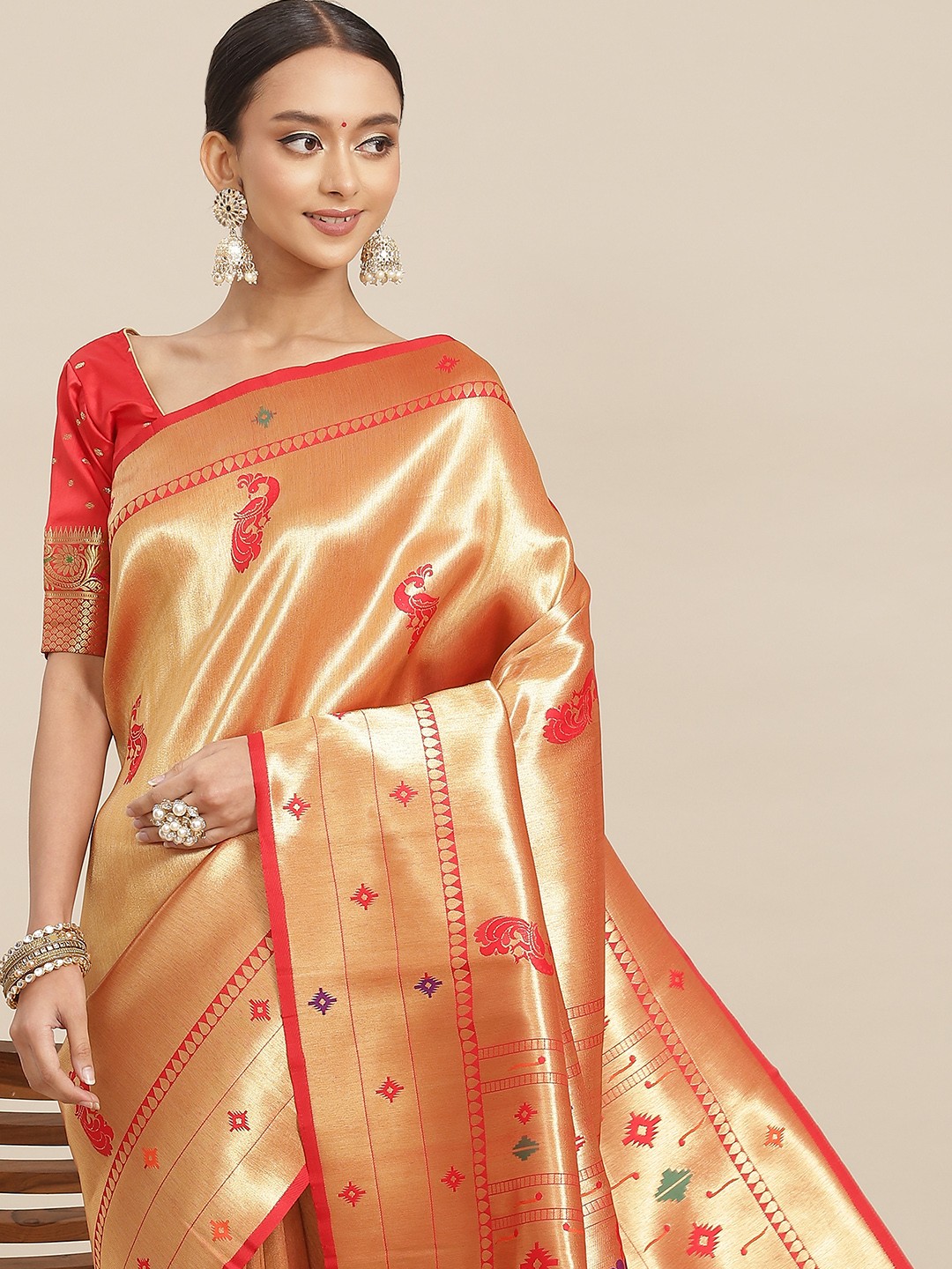 

Chhabra 555 Red & Gold-Toned Ethnic Motifs Zari Silk Blend Paithani Saree