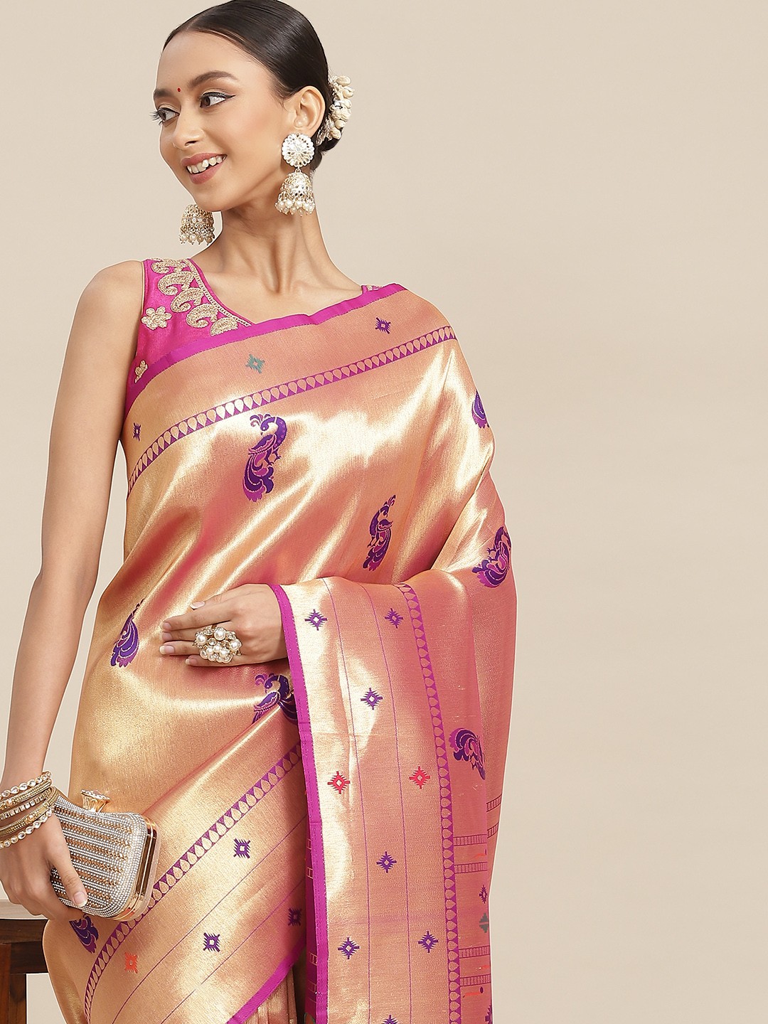 

Chhabra 555 Purple & Gold-Toned Ethnic Motifs Zari Silk Blend Paithani Saree