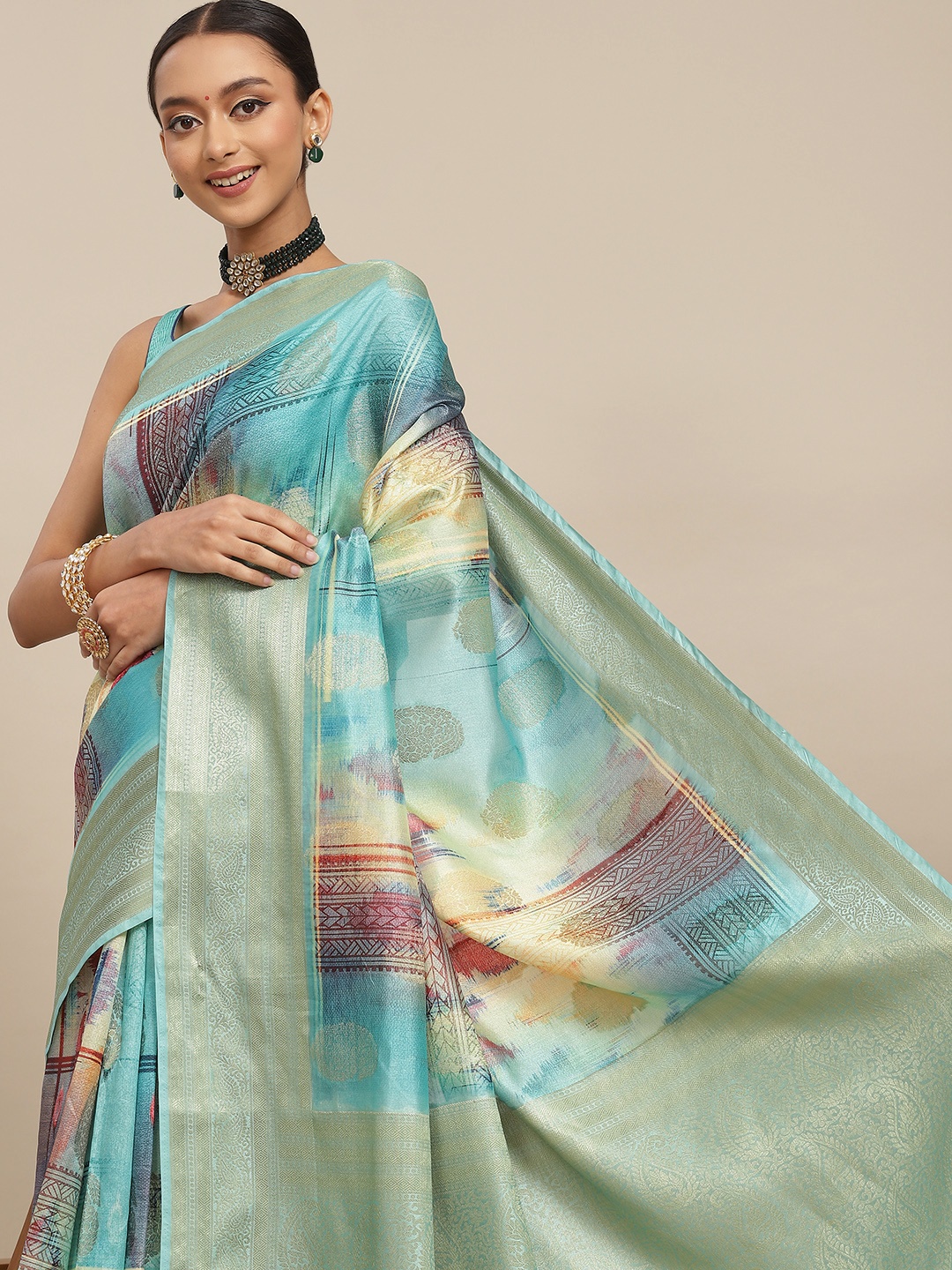 

Chhabra 555 Sea Green & Green Woven Design Zari Art Silk Mysore Silk Saree