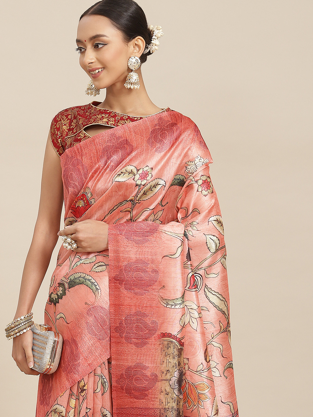 

Chhabra 555 Peach-Coloured & Pink Floral Jute Silk Bhagalpuri Saree