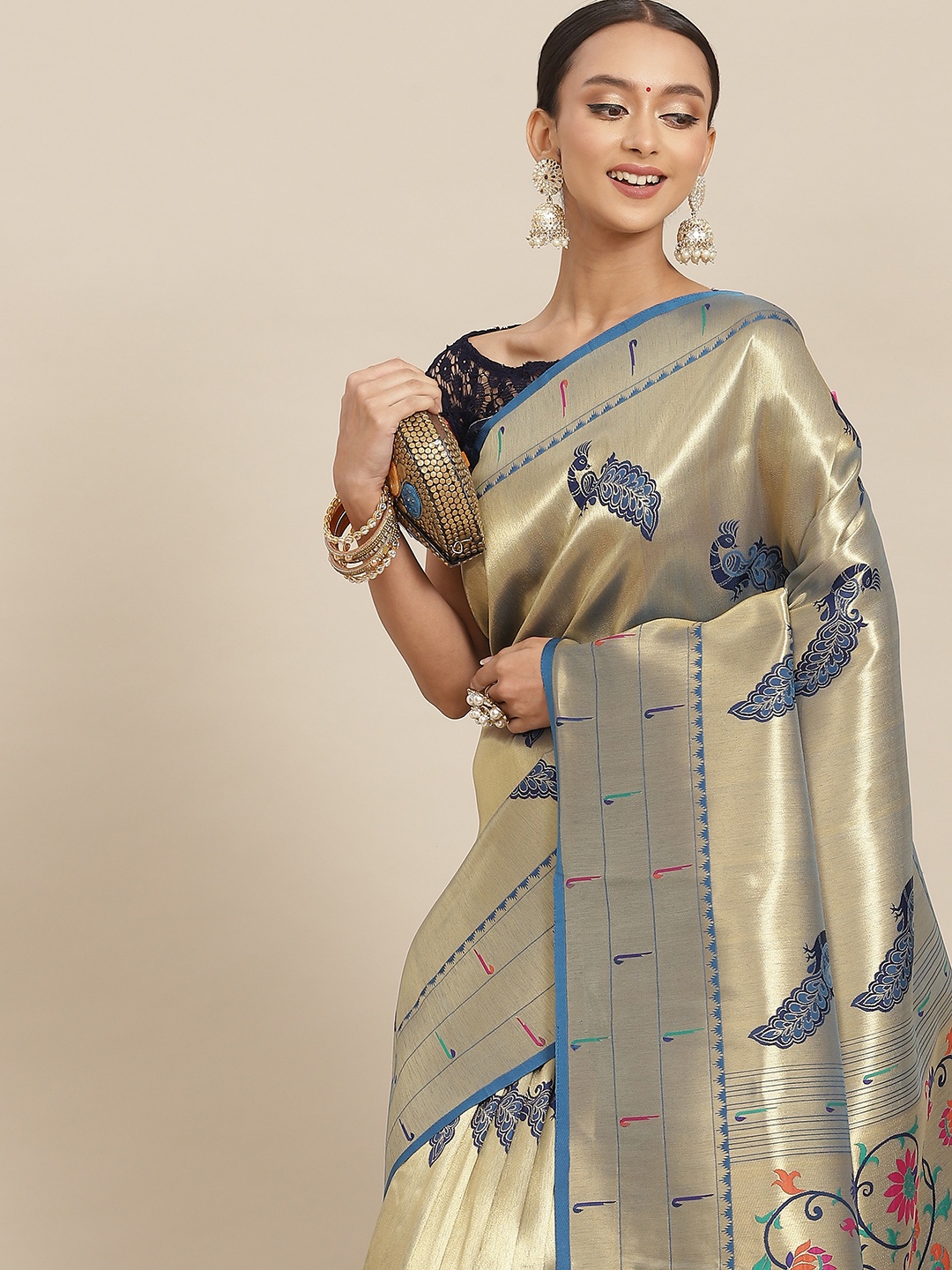 

Chhabra 555 Teal & Gold-Toned Ethnic Motifs Zari Silk Blend Paithani Saree