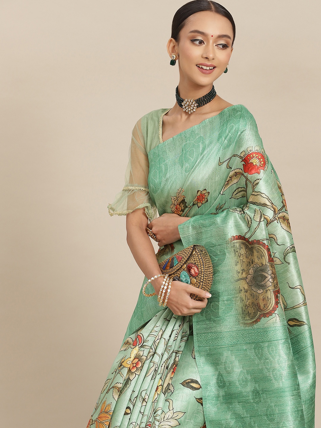 

Chhabra 555 Green Floral Zari Jute Silk Bhagalpuri Saree