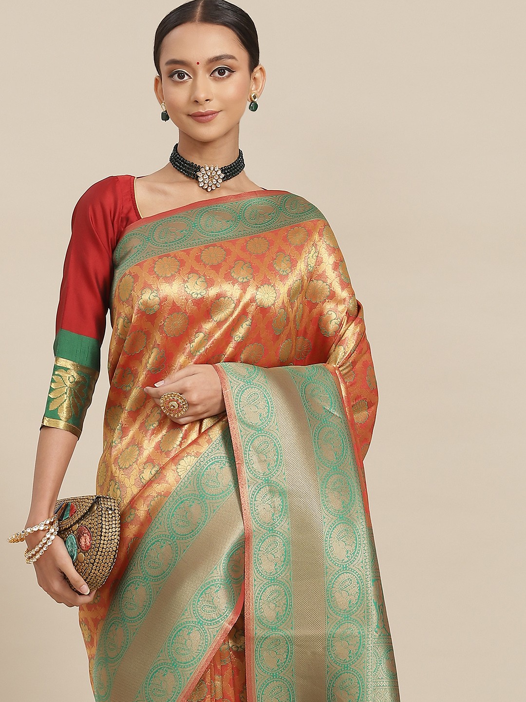 

Chhabra 555 Red & Green Ethnic Motifs Zari Silk Blend Banarasi Saree