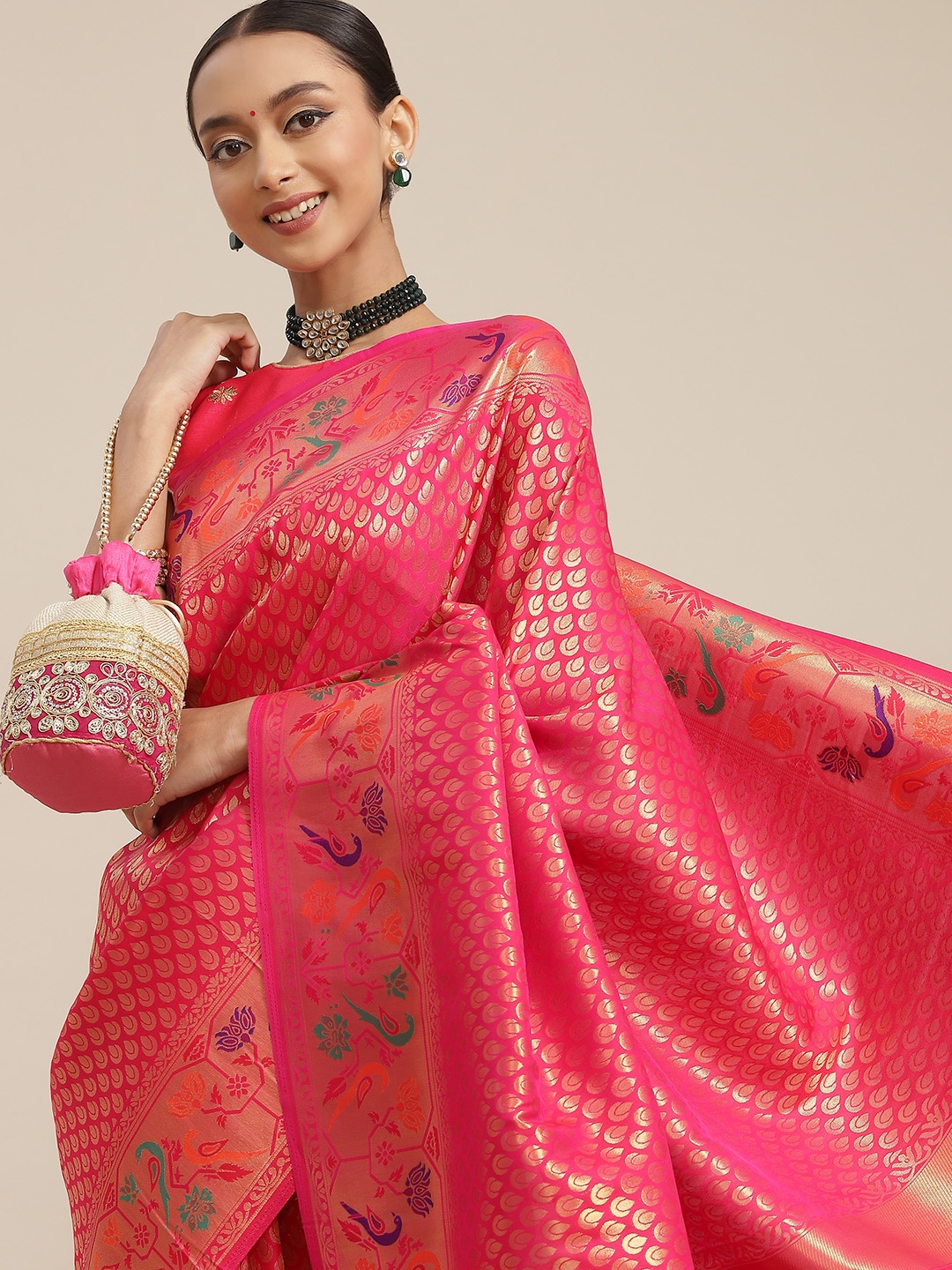 

Chhabra 555 Magenta & Gold-Toned Ethnic Motifs Zari Silk Blend Paithani Saree