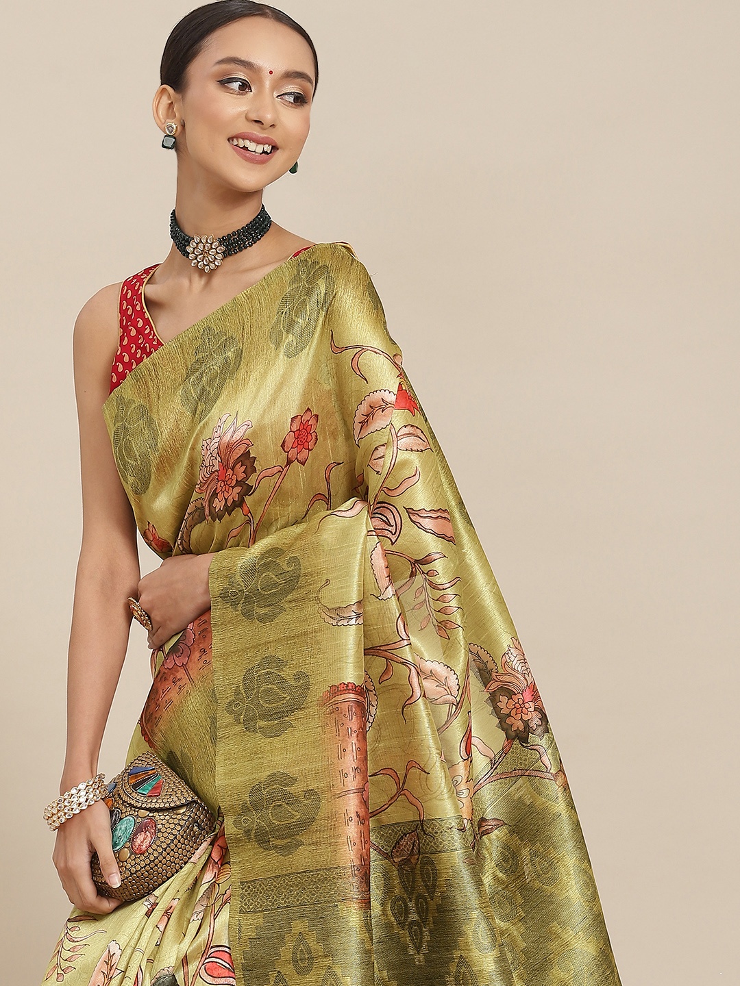 

Chhabra 555 Olive Green & Red Floral Jute Silk Bhagalpuri Saree