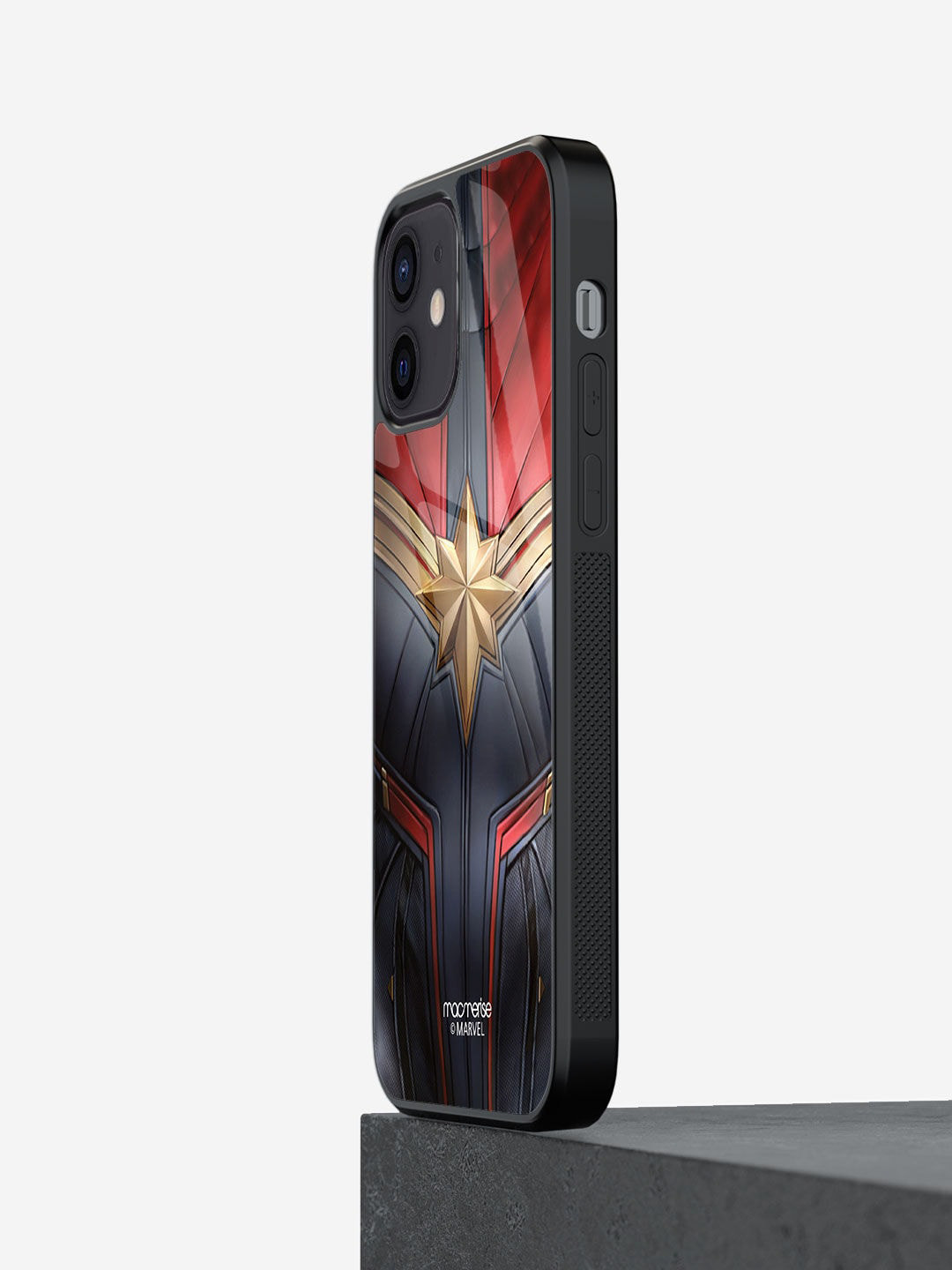 

macmerise Black & Red Printed Suit Up Captain Marvel Glass iPhone 12 Mini Back Case
