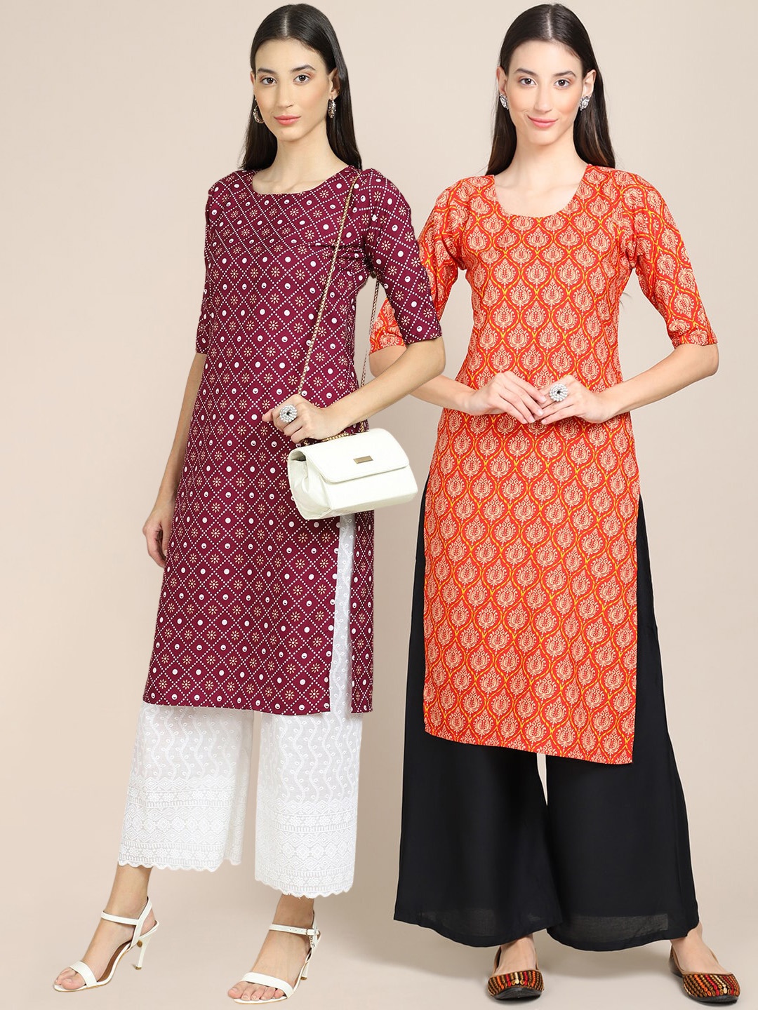 

7Threads Women Pack of 2 Magenta Ethnic Motifs Printed Crepe Kurta