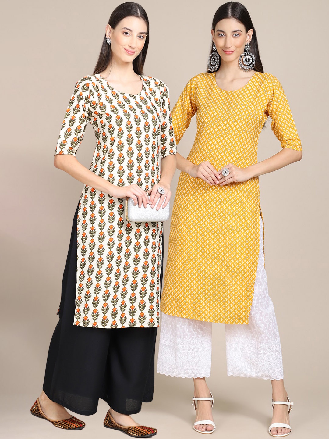 

7Threads Women Pack Of 2 Cream-Coloured & Yellow Geometric Printed Crepe Kurta