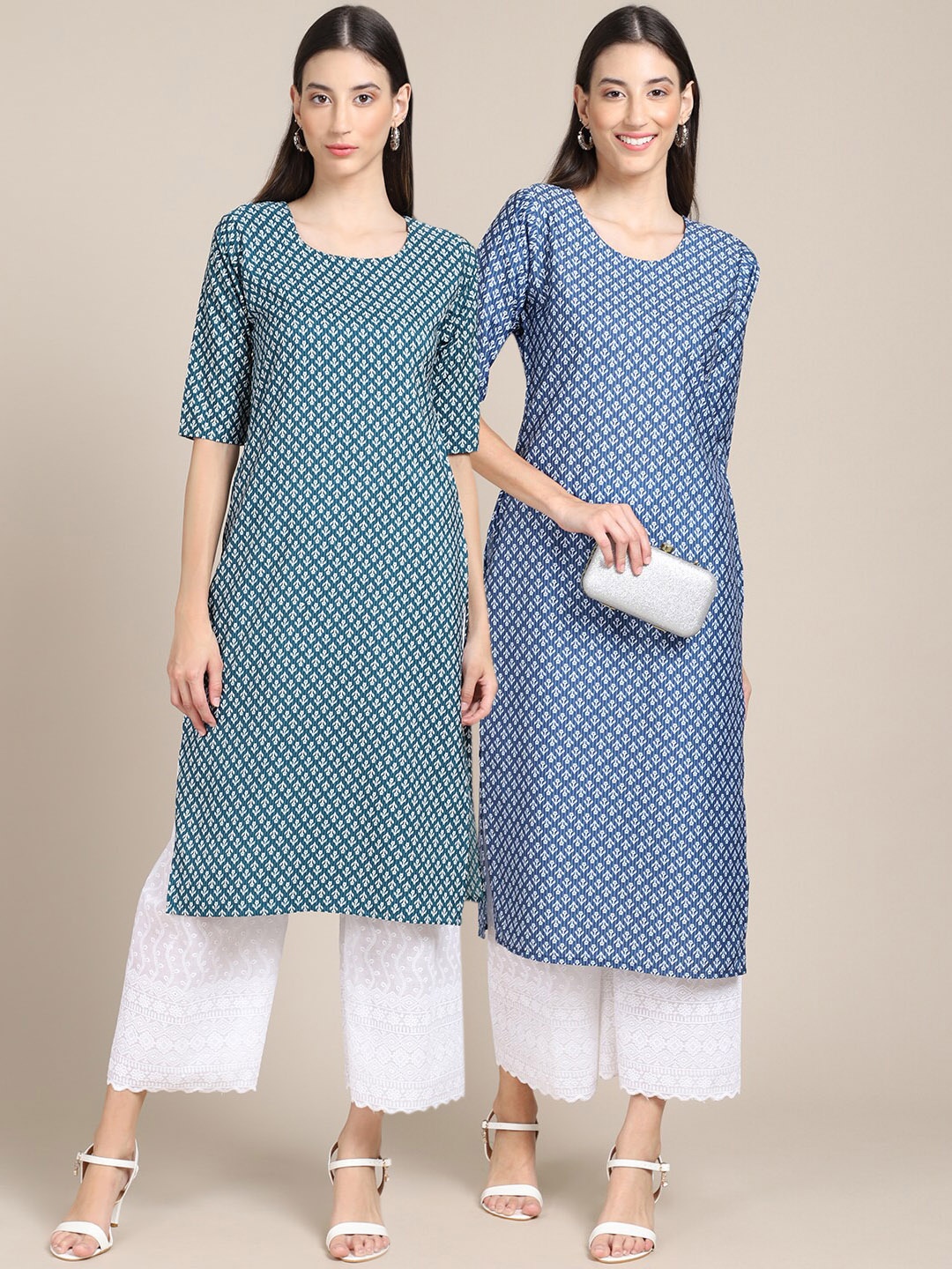 

7Threads Women Pack OF 2 Green & Blue Ethnic Motifs Printed Block Print Crepe Kurta