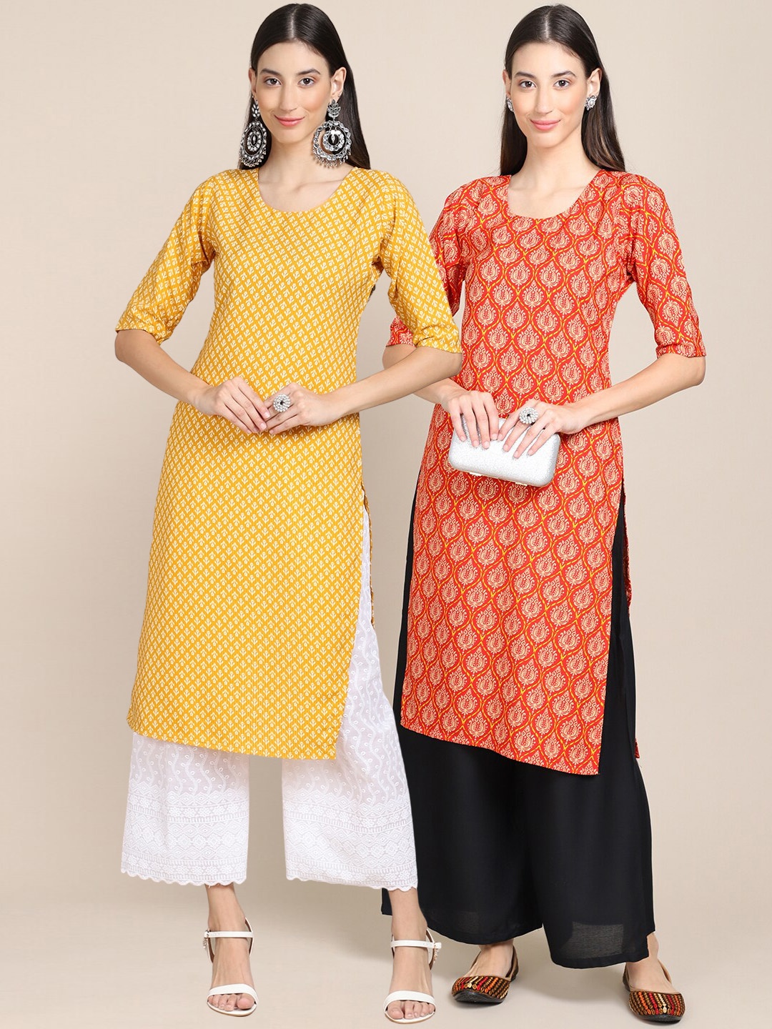 

7Threads Women Yellow & Orange Pack Of 2 Geometric Printed Crepe Kurta