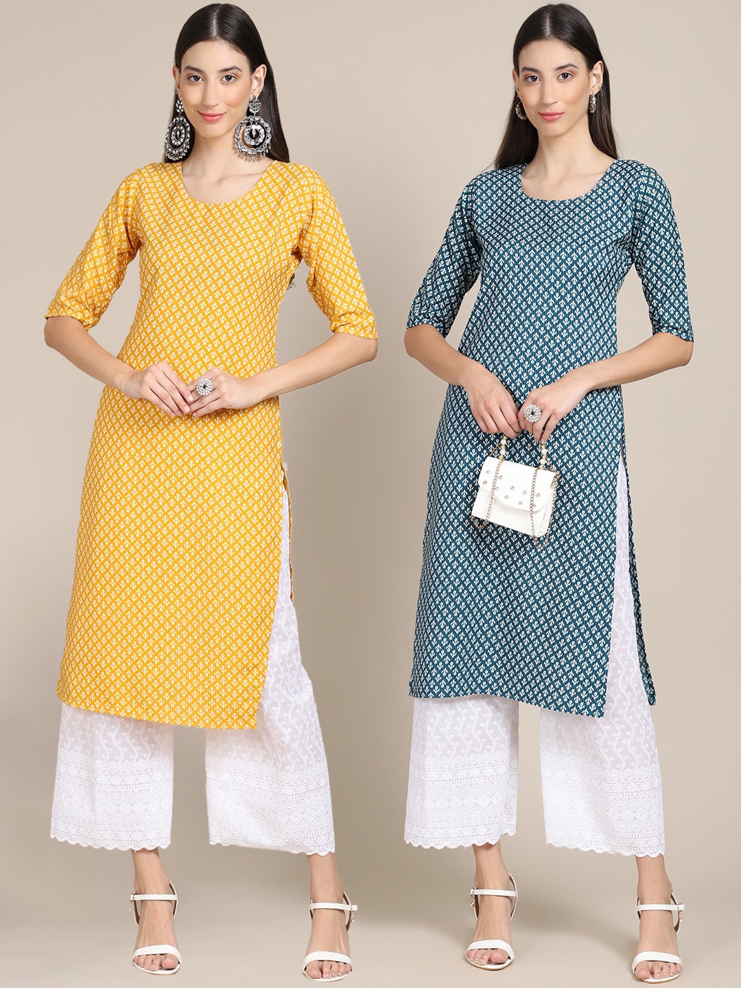 

7Threads Women Pack Of 2 Yellow & Blue Geometric Printed Crepe Kurta