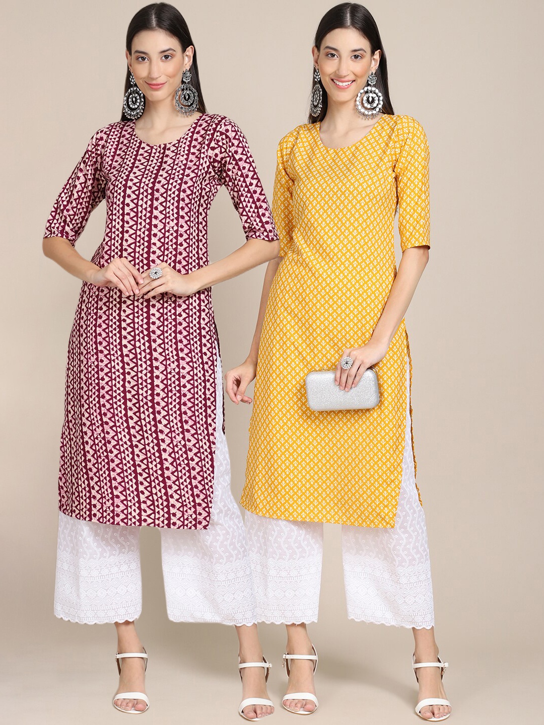 

7Threads Women Pack Of 2 Maroon & Yellow Geometric Printed Crepe Kurta