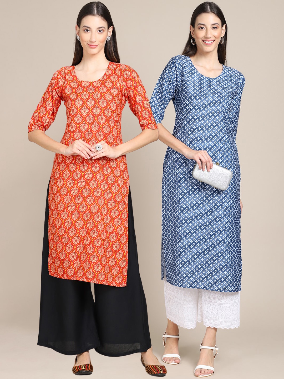 

7Threads Women Pack Of 2 Orange & Blue Ethnic Motifs Printed Crepe Kurta