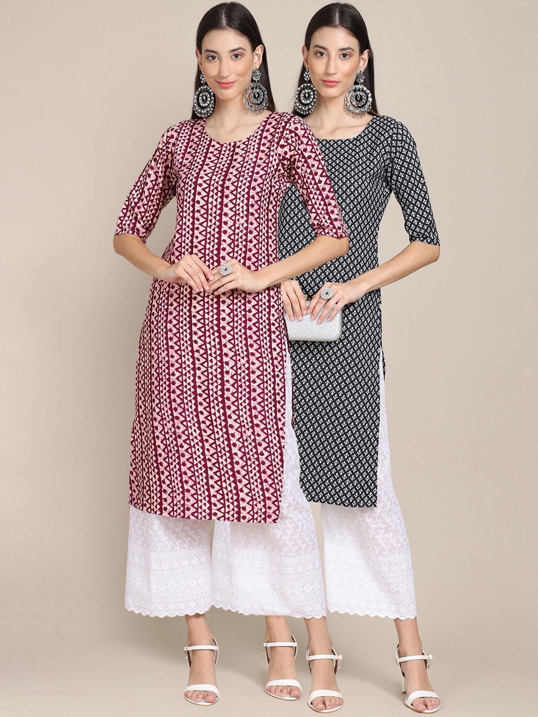 

7Threads Women Pack Of 2 Purple & Black Geometric Printed Block Print Crepe Kurtas