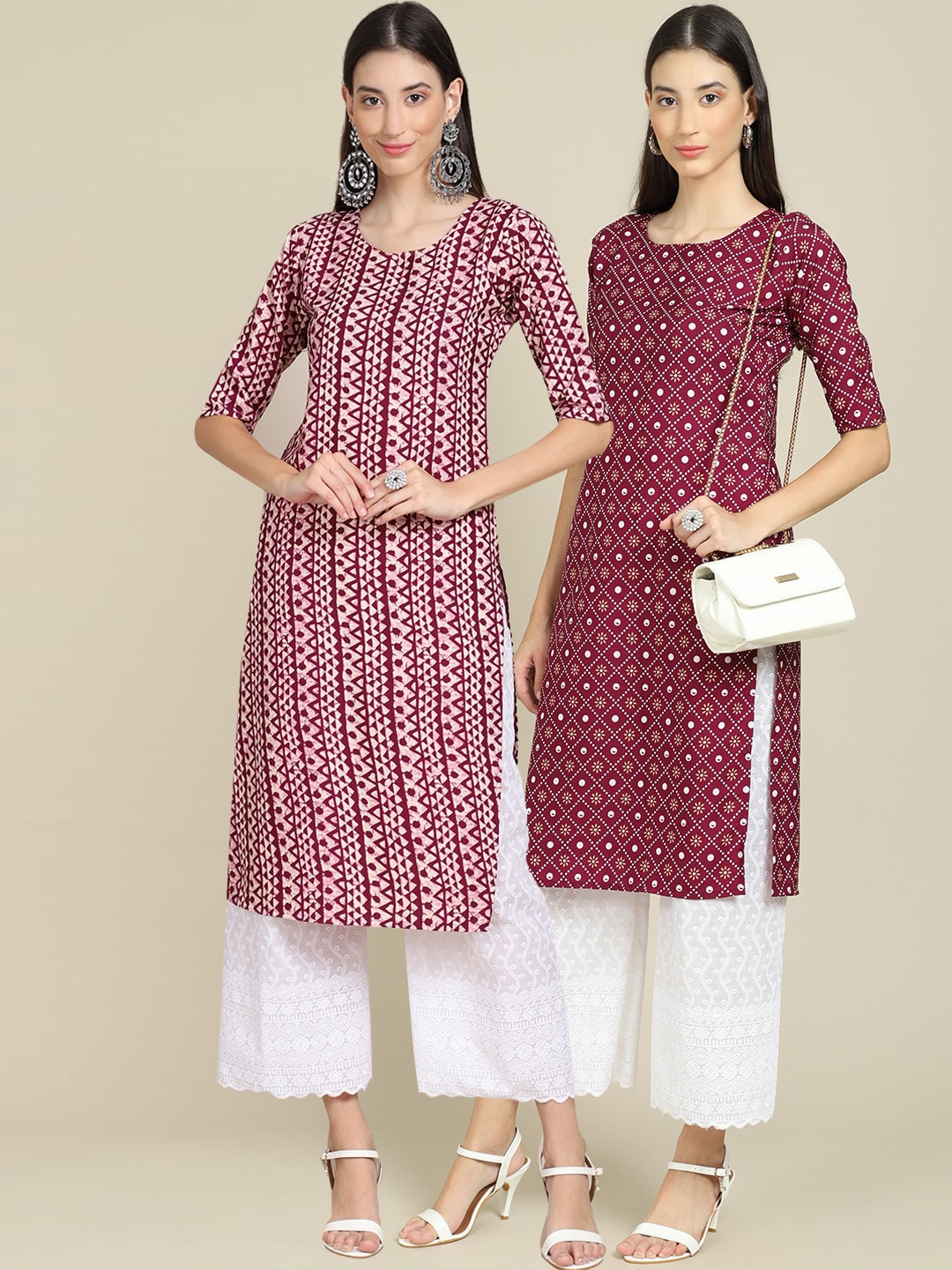

7Threads Women Pack Of 2 Purple Geometric Printed Block Print Crepe Kurtas