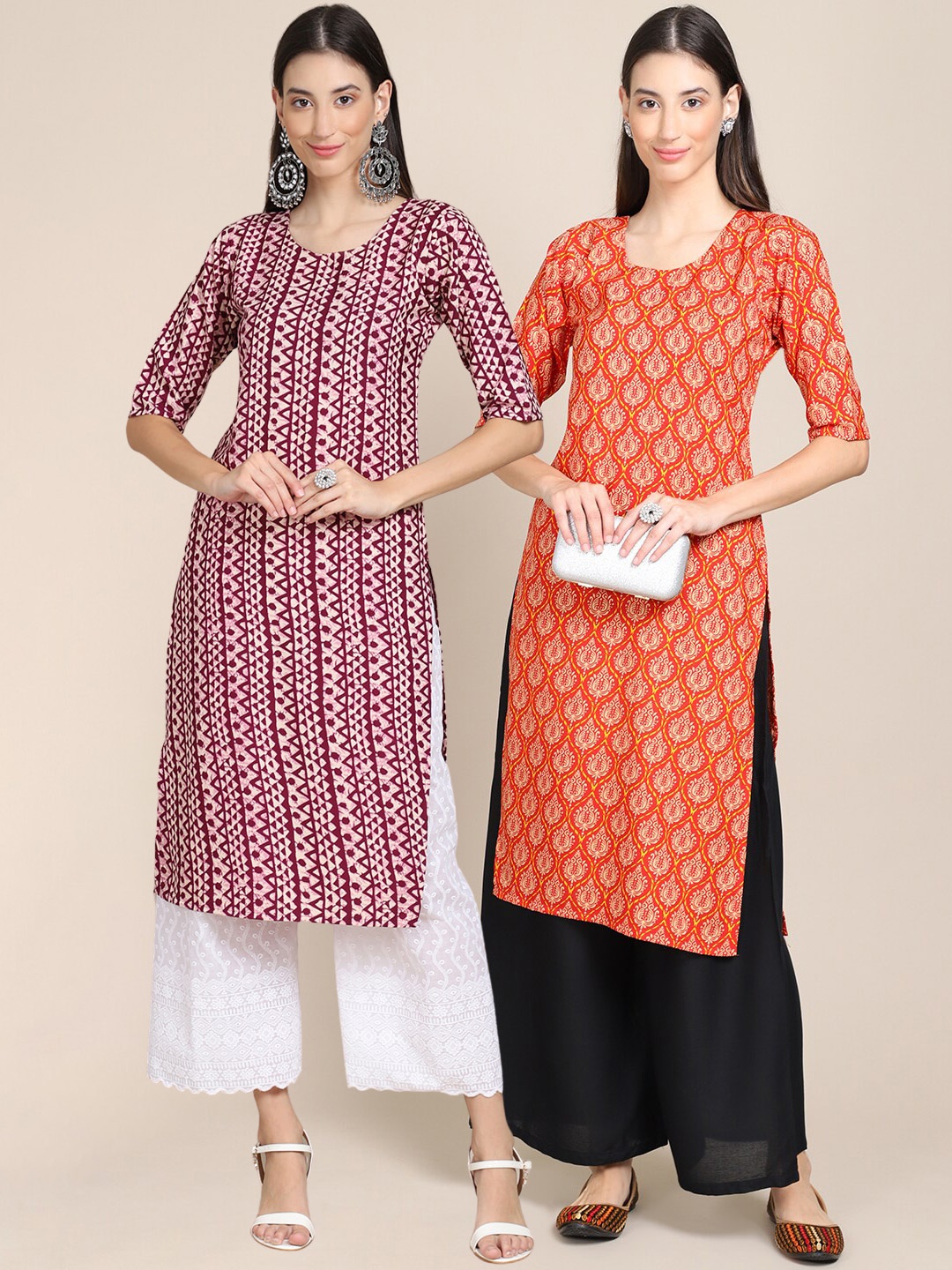 

7Threads Women Pack Of 2 Purple & Orange Geometric Printed Block Print Crepe Kurtas