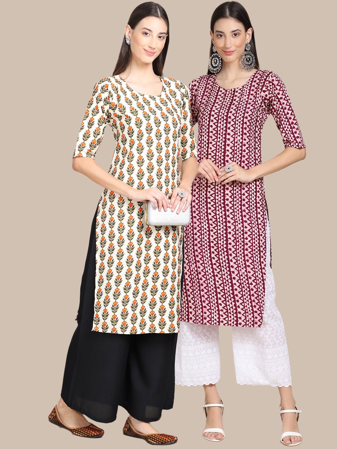 

7Threads Women Pack Of 2 Cream-Coloured & Purple Printed Block Print Crepe Kurtas