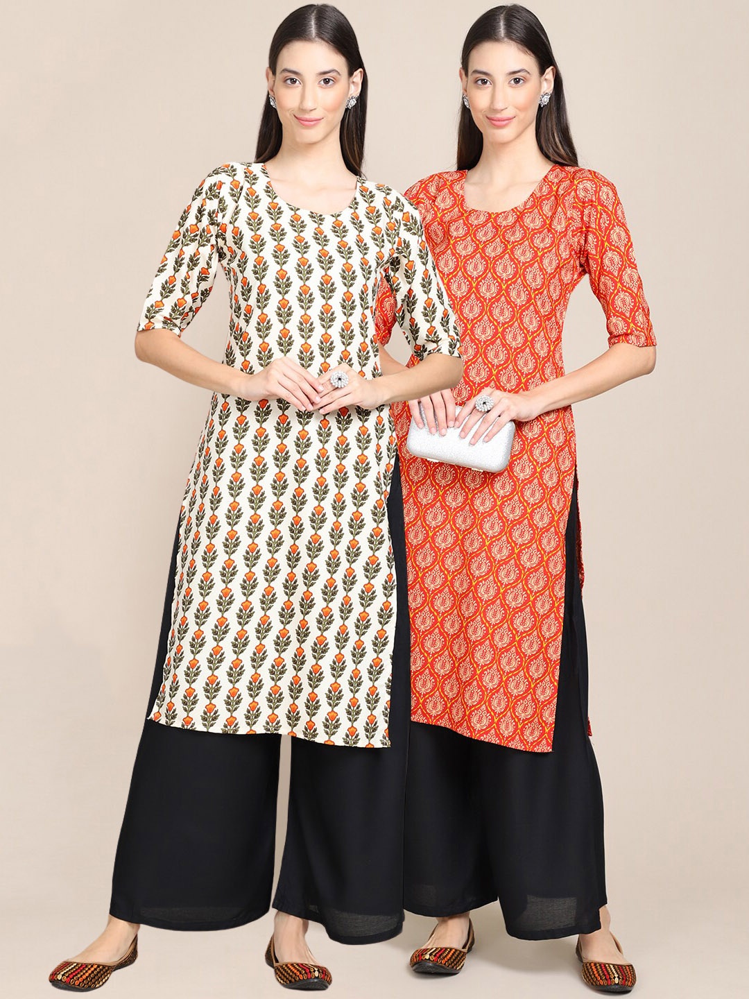 

7Threads Women Set Of 2 Off White & Orange Floral Printed Crepe Kurta