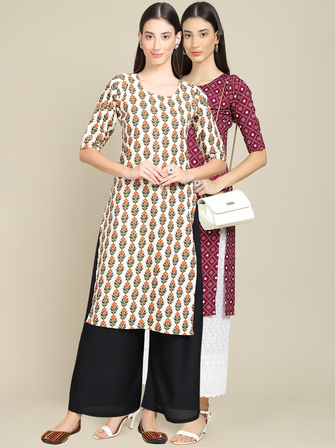 

7Threads Women Pack Of 2 Cream-Coloured & Purple Printed Block Print Crepe Kurtas