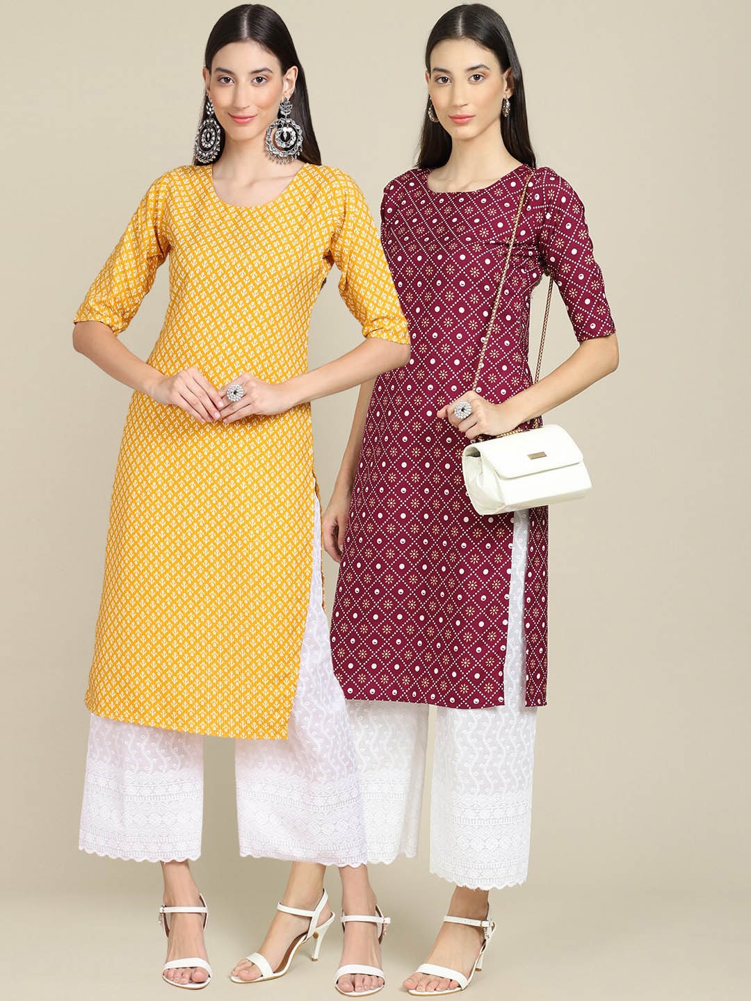 

7Threads Women Pack Of 2 Yellow & Maroon Ethnic Motifs Printed Crepe Kurta