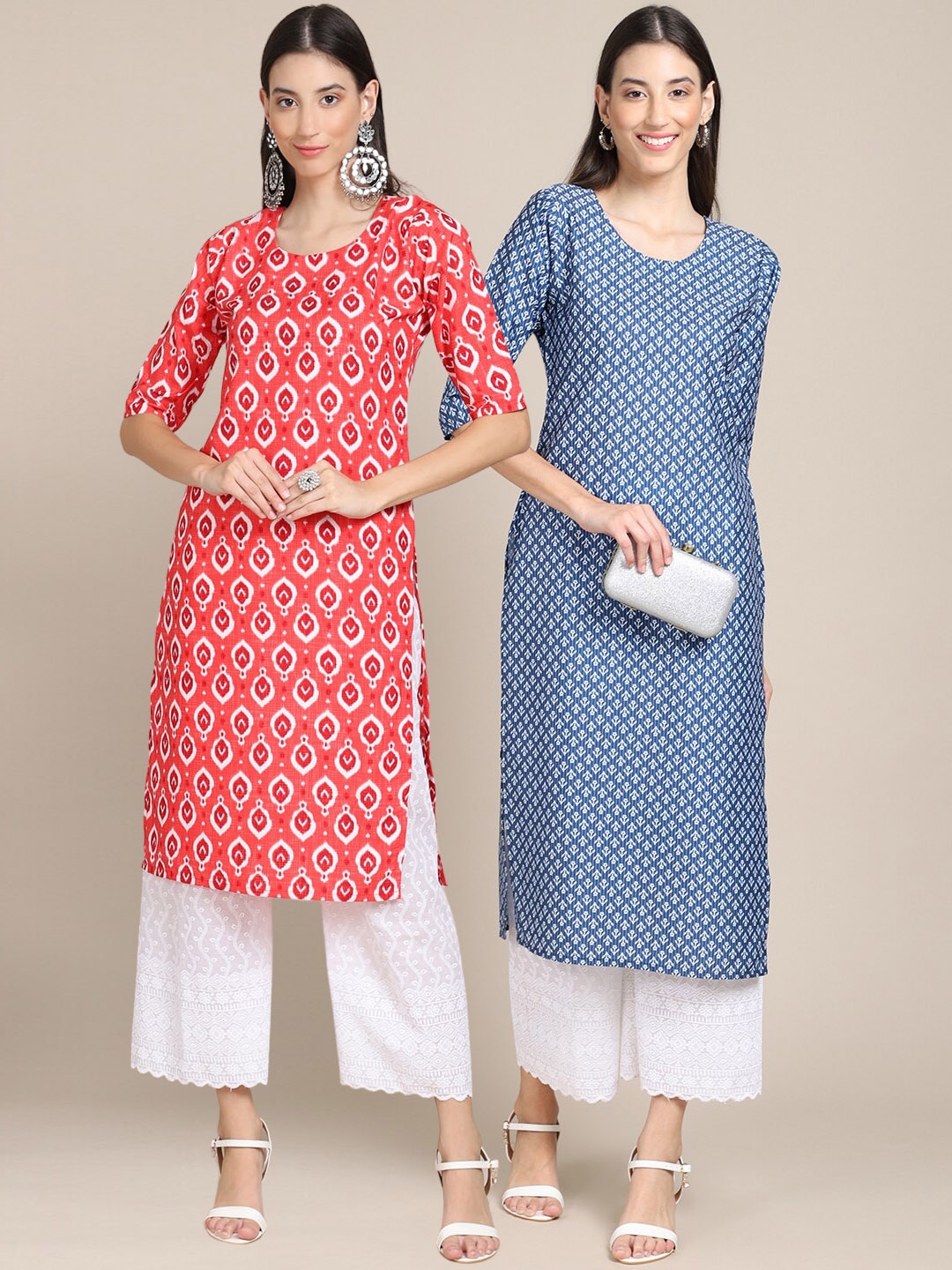 

KALINI Women Pack Of 2 Peach-Coloured & Blue Ethnic Motifs Printed Crepe Kurta