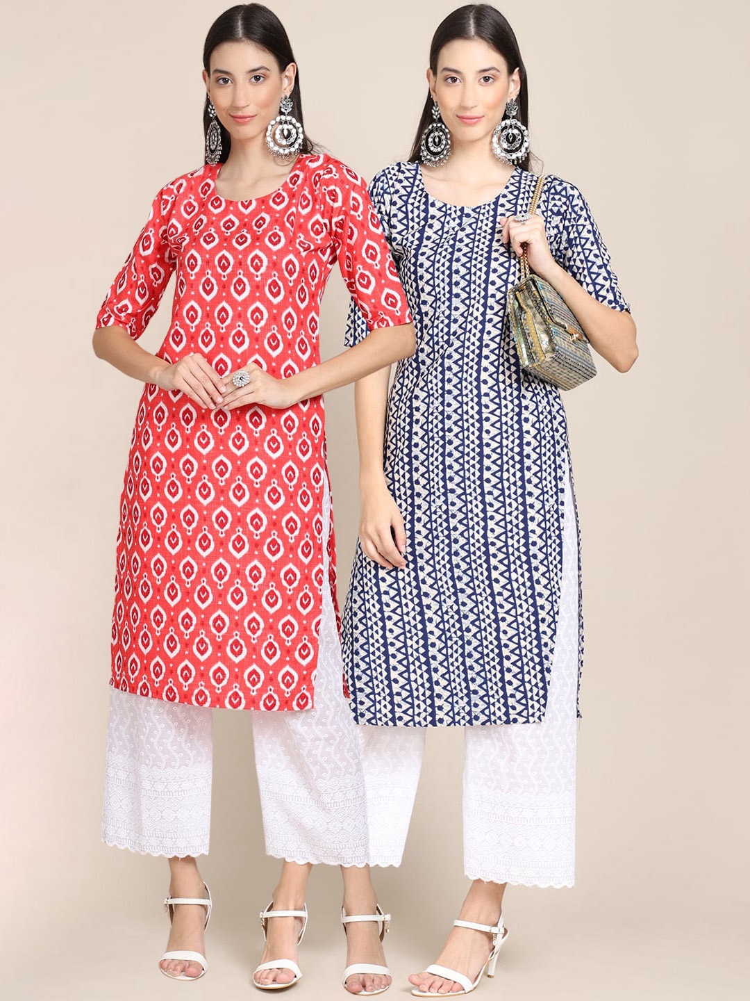 

7Threads Set of 2 Women Printed Block Print Handloom Crepe Straight Kurta, Navy blue