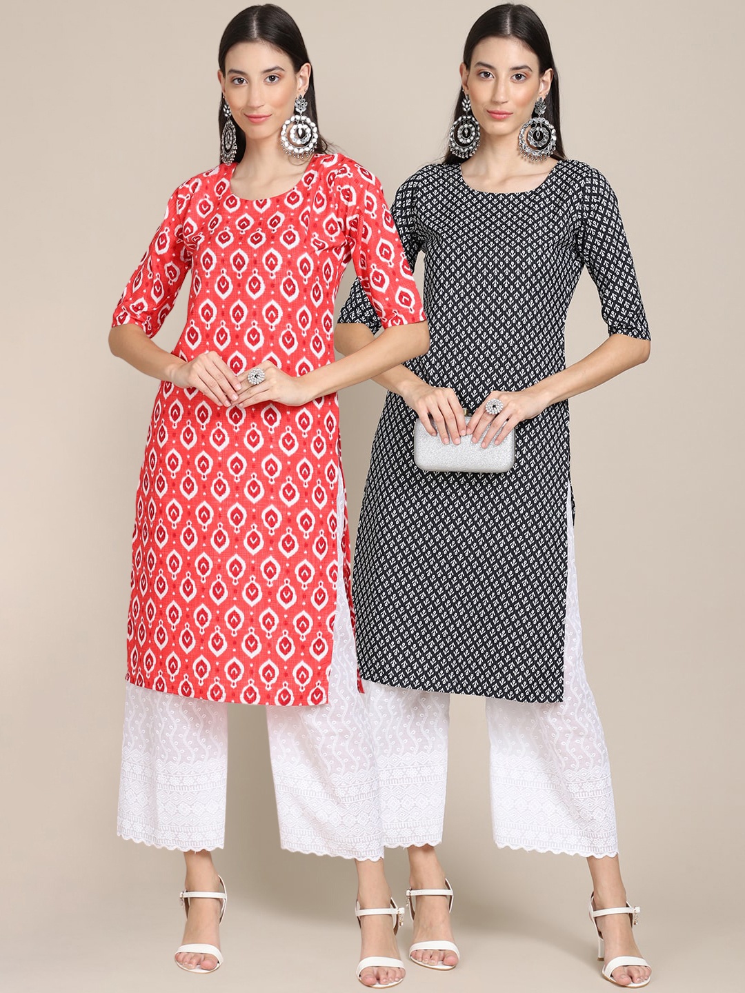 

7Threads Set of 2 Women Printed Block Print Handloom Crepe Straight Kurta, Red