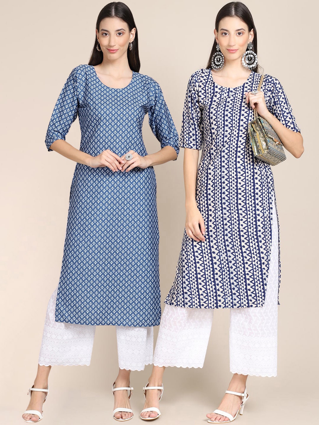 

7Threads Set of 2 Women Printed Block Print Handloom Crepe Straight Kurta, Blue