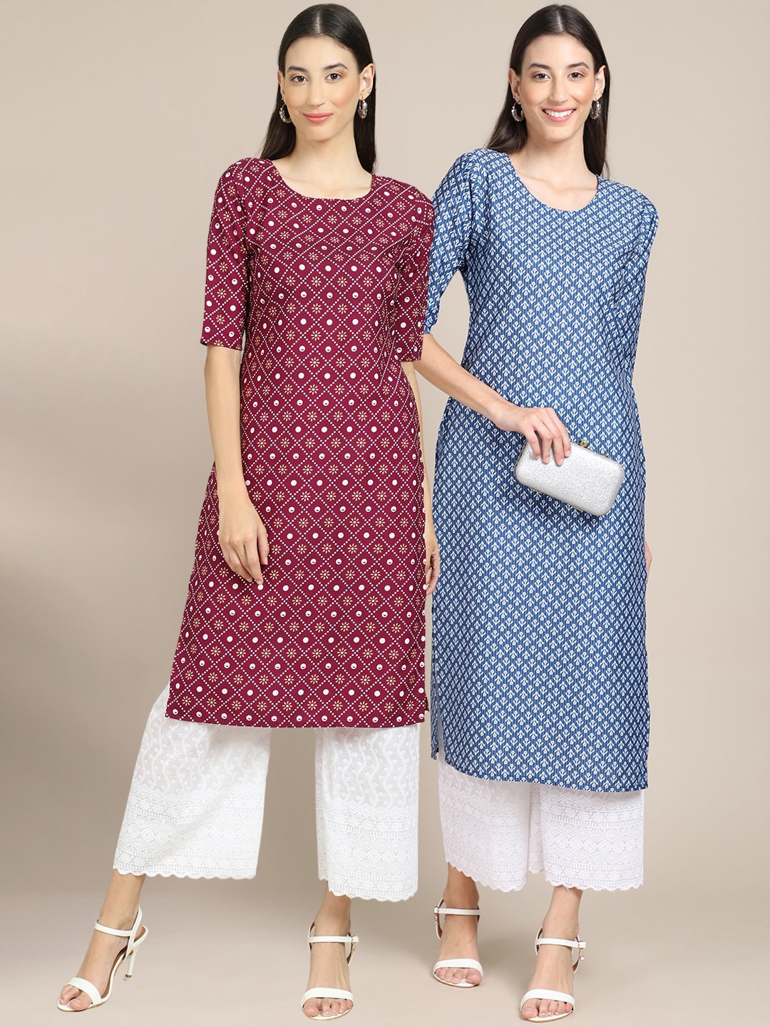 

7Threads Women Pack Of 2 Maroon & Blue Geometric Printed Indigo Crepe Kurta