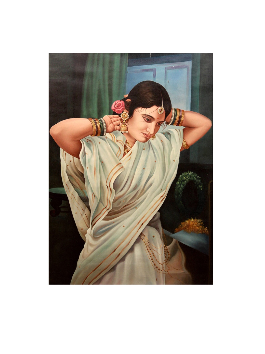 

Exotic India Beige Colored Lady Dressing Herself Oil Painting Wall Art