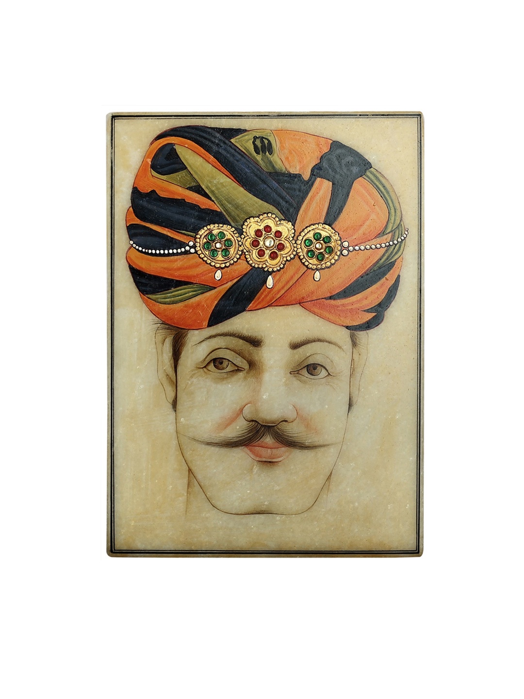 

Exotic India The Chivalrous Rajasthani Man - Water Color Painting on Marble, Orange