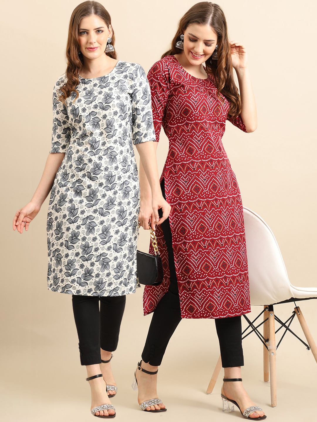 

7Threads Women Pack Of 2 White & Black Printed Block Print Crepe Kurtas