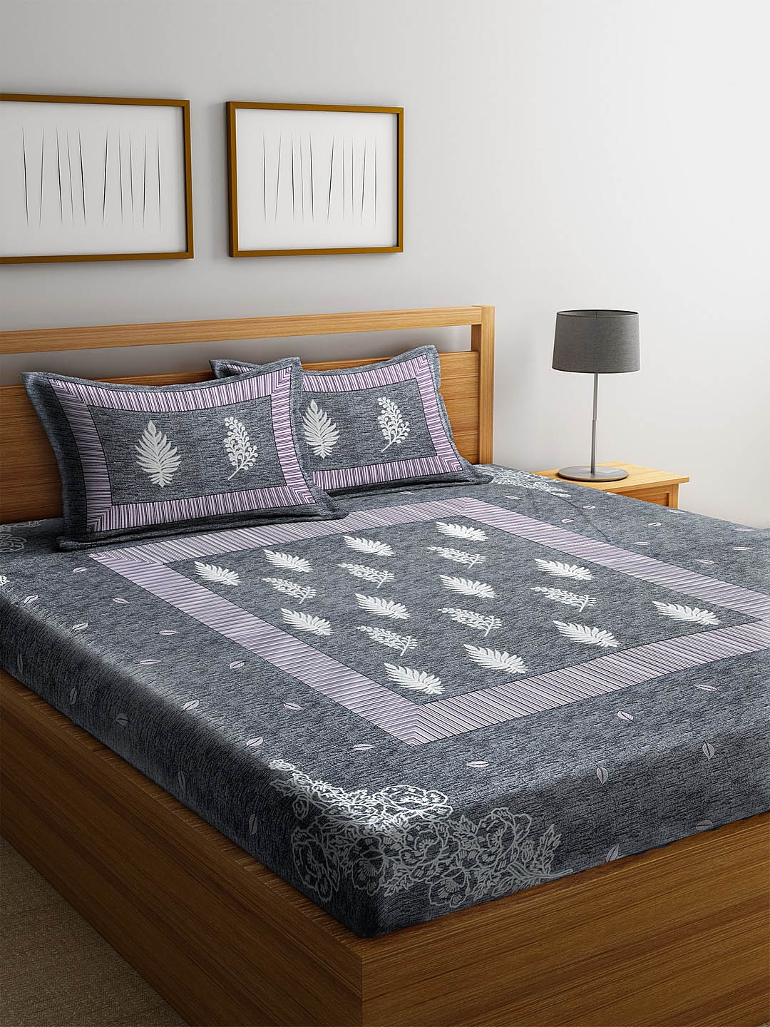 

Rajasthan Decor Grey & White Floral 144 TC Queen Bedsheet with 2 Pillow Covers