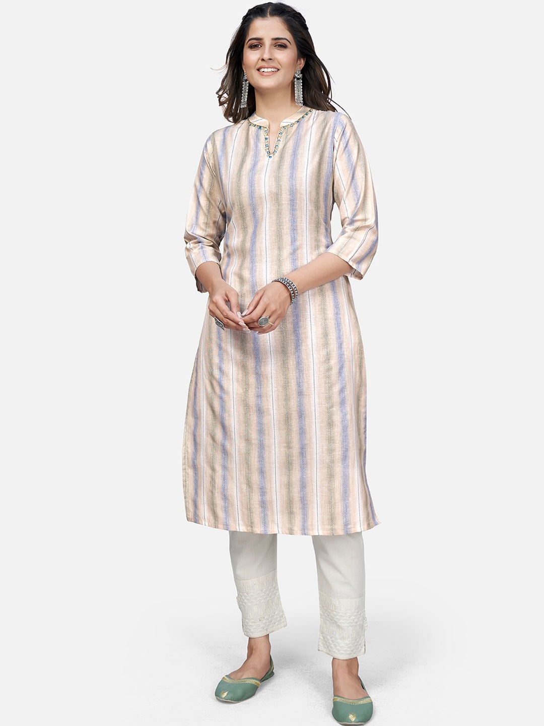 

KALINI Women Green Striped Thread Work Kurta