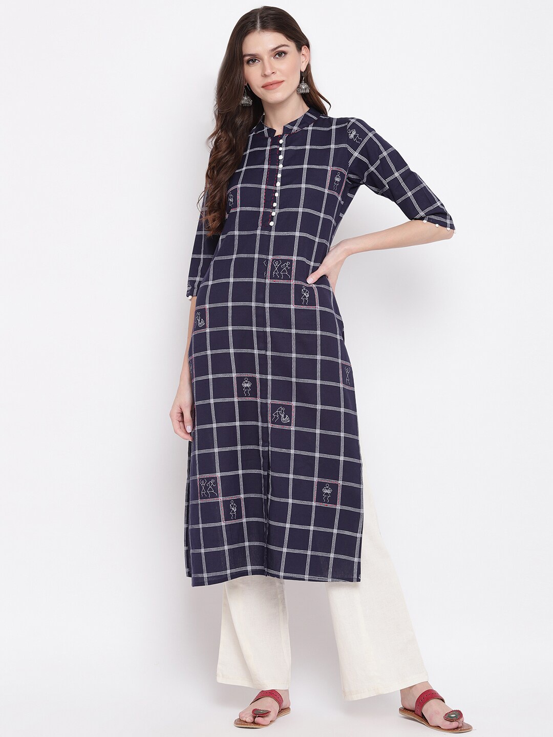 

Vbuyz Women Navy Blue Checked Cotton Straight Kurta