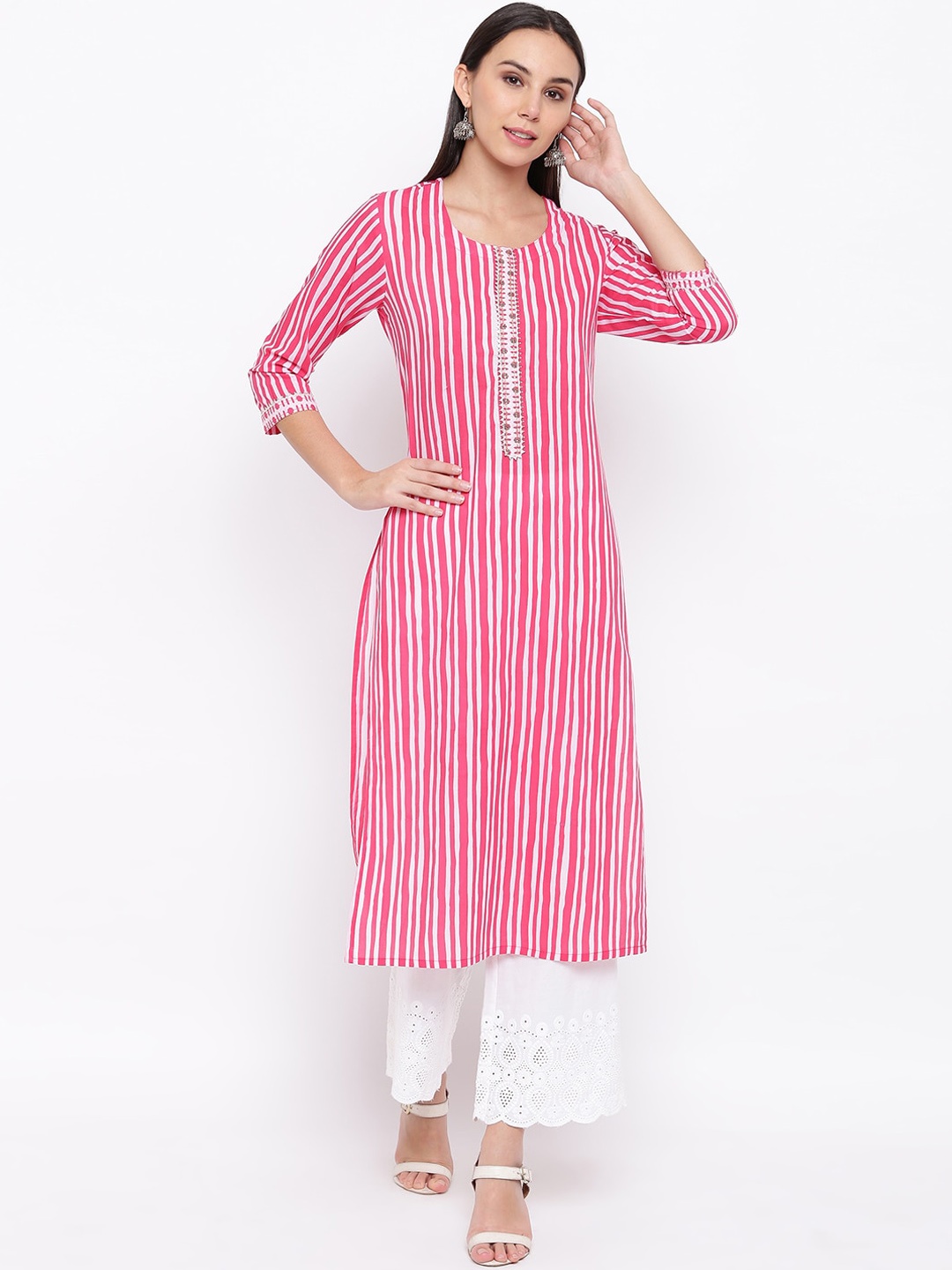 

KALINI Women Pink Striped Thread Work Kurta