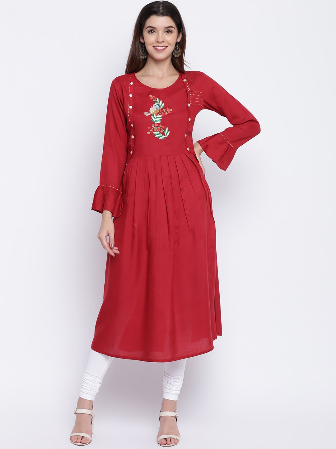 

KALINI Women Red Flared Sleeves Thread Work Anarkali Kurta