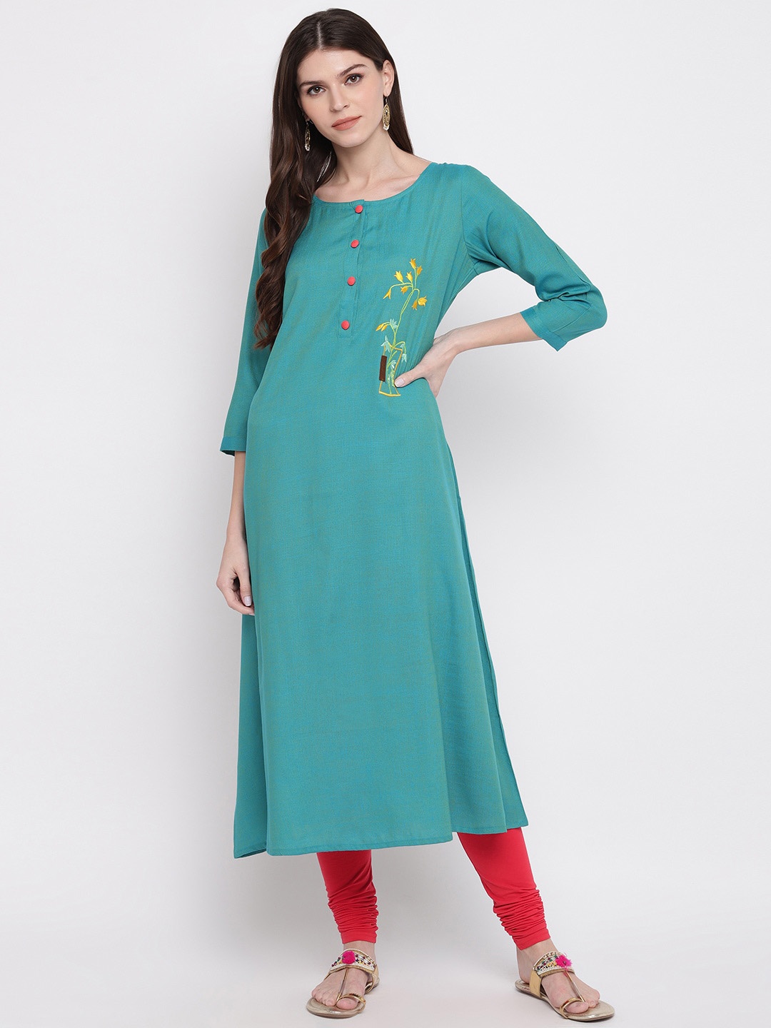 

Vbuyz Women Blue Embroidered Rayon A-Line Kurta