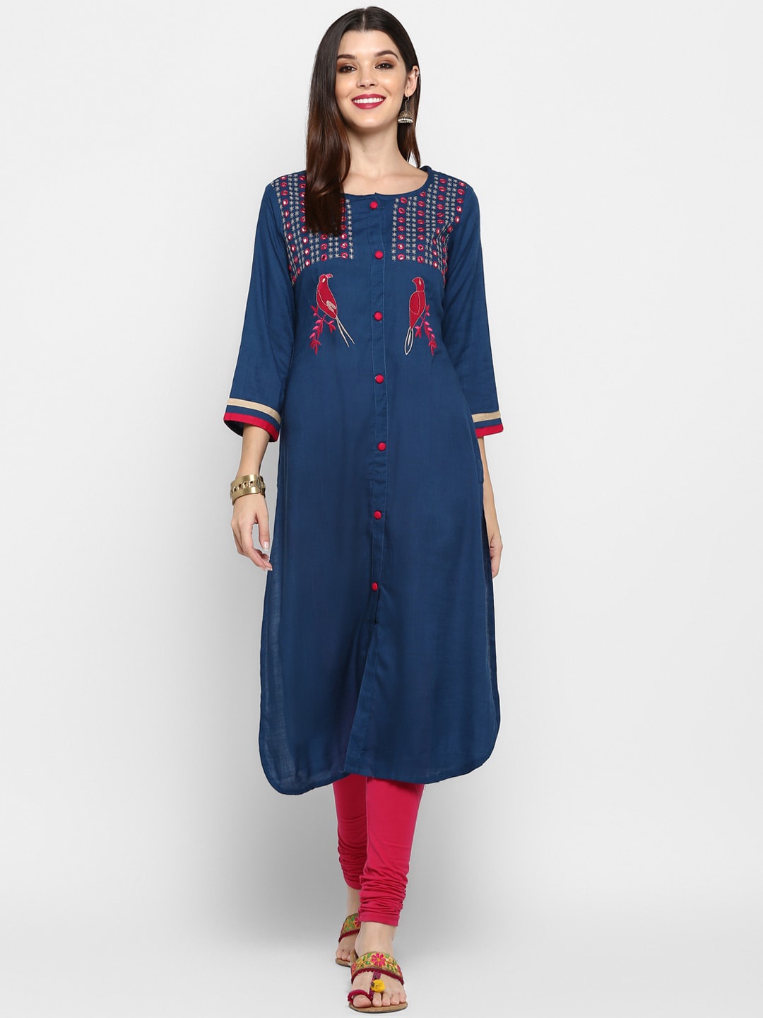 

Vbuyz Women Blue Ethnic Motifs Embroidered Thread Work Kurta