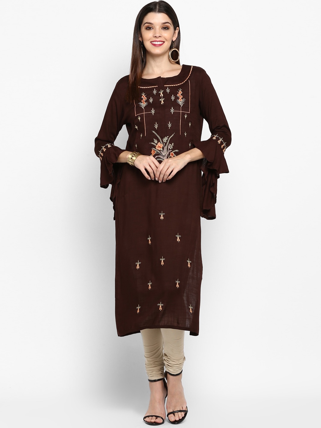 

KALINI Women Brown Paisley Embroidered Flared Sleeves Kurta