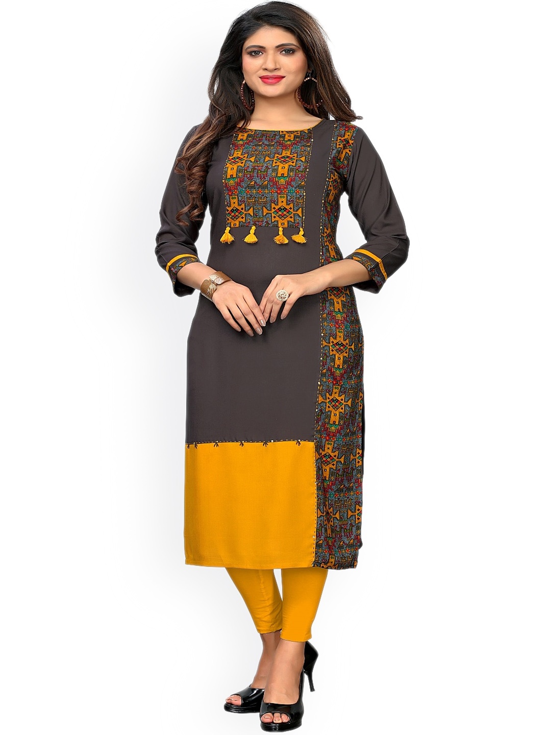 

KALINI Women Grey & Yellow Ethnic Motifs Printed Thread Work Kurta