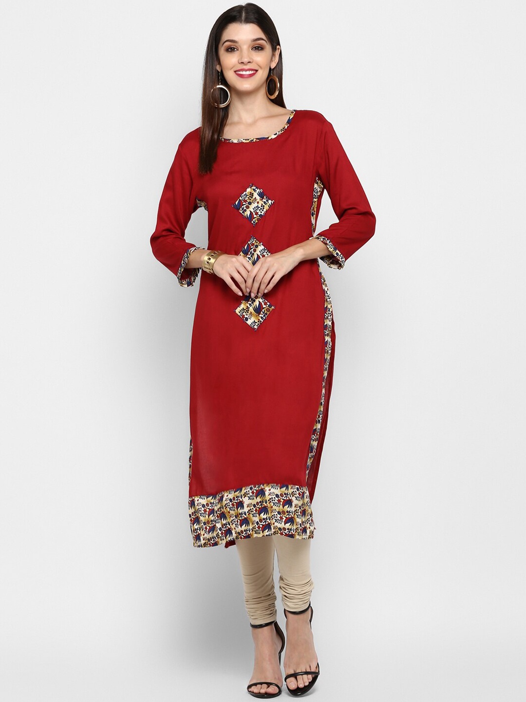 

Vbuyz Women Maroon Rayon Straight Patch Work Kurta