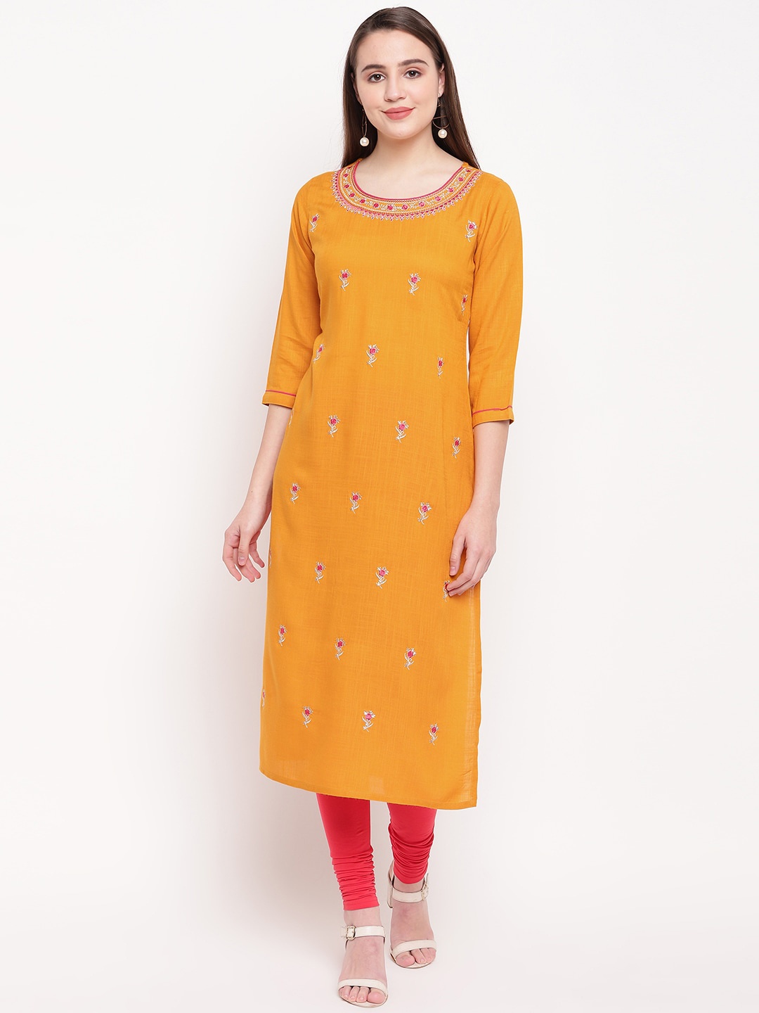 

KALINI Women Yellow Floral Embroidered Thread Work Kurta