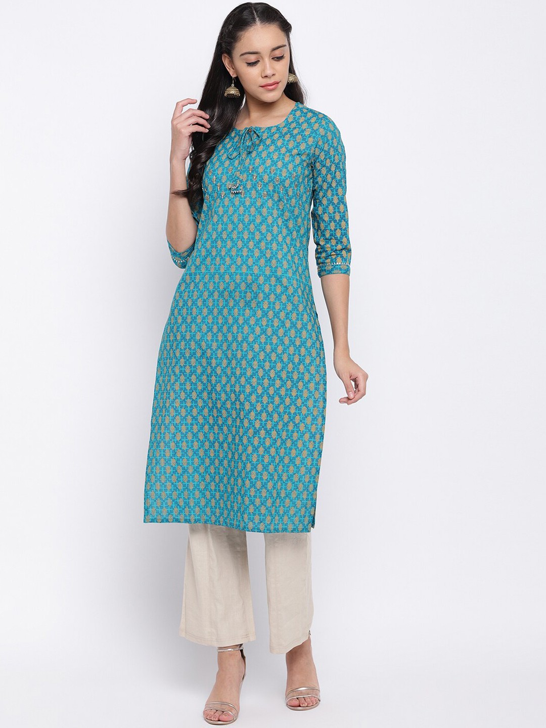 

KALINI Women Teal Ethnic Motifs Printed Thread Work Kurta