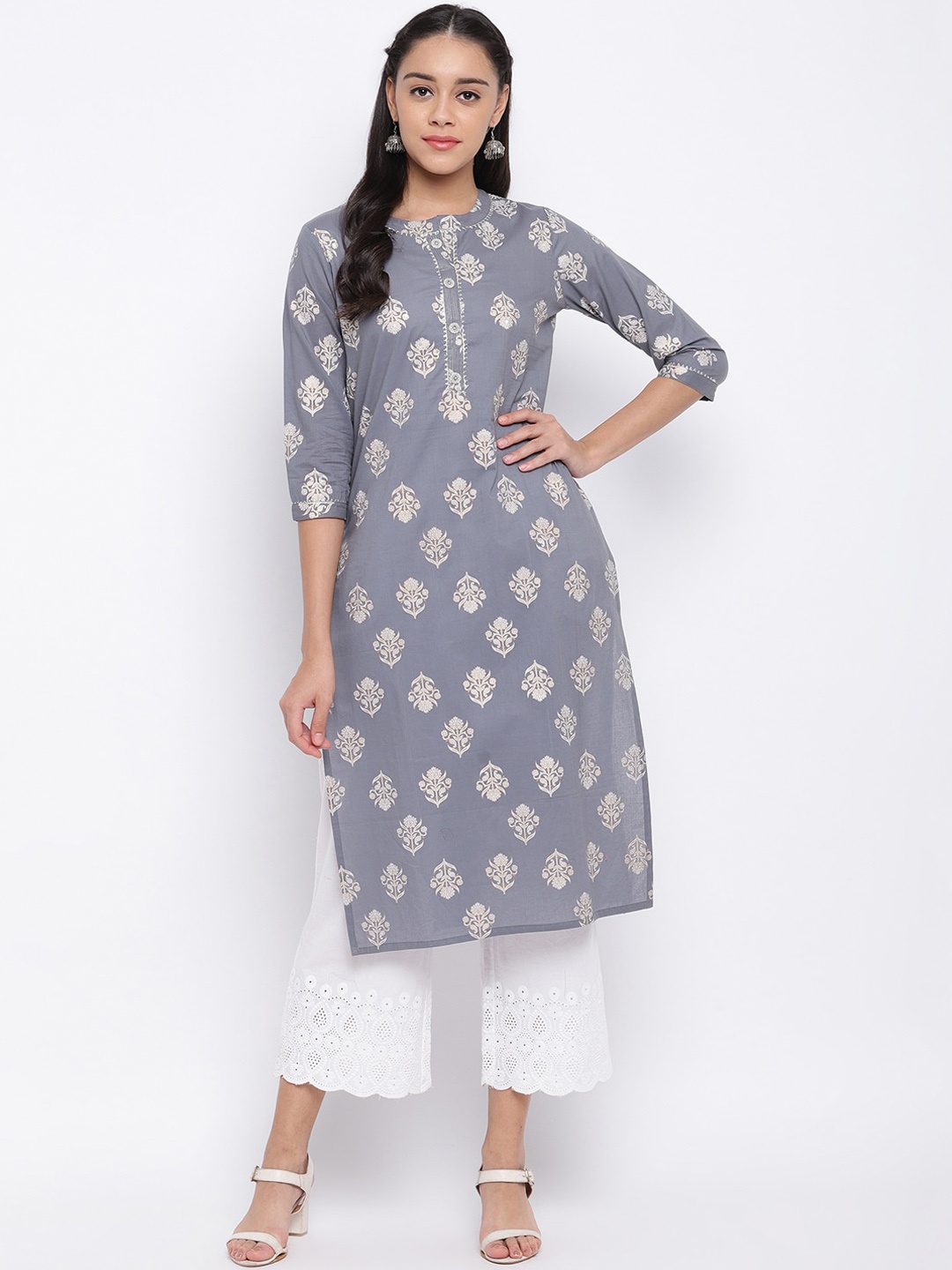 

KALINI Women Grey & White Ethnic Motifs Printed Gotta Patti Kurta
