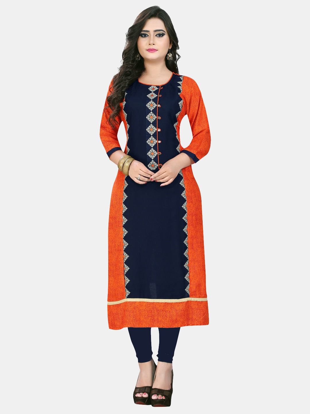 

Vbuyz Women Orange & Blue Embroidered Thread Work Kurta