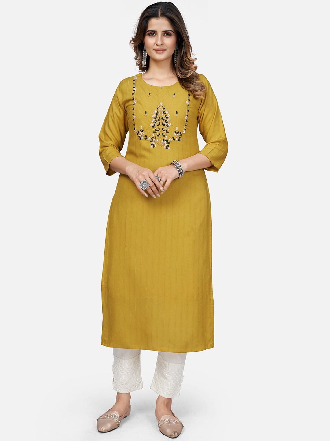 

KALINI Women Yellow & Green Floral Embroidered Straight Kurta