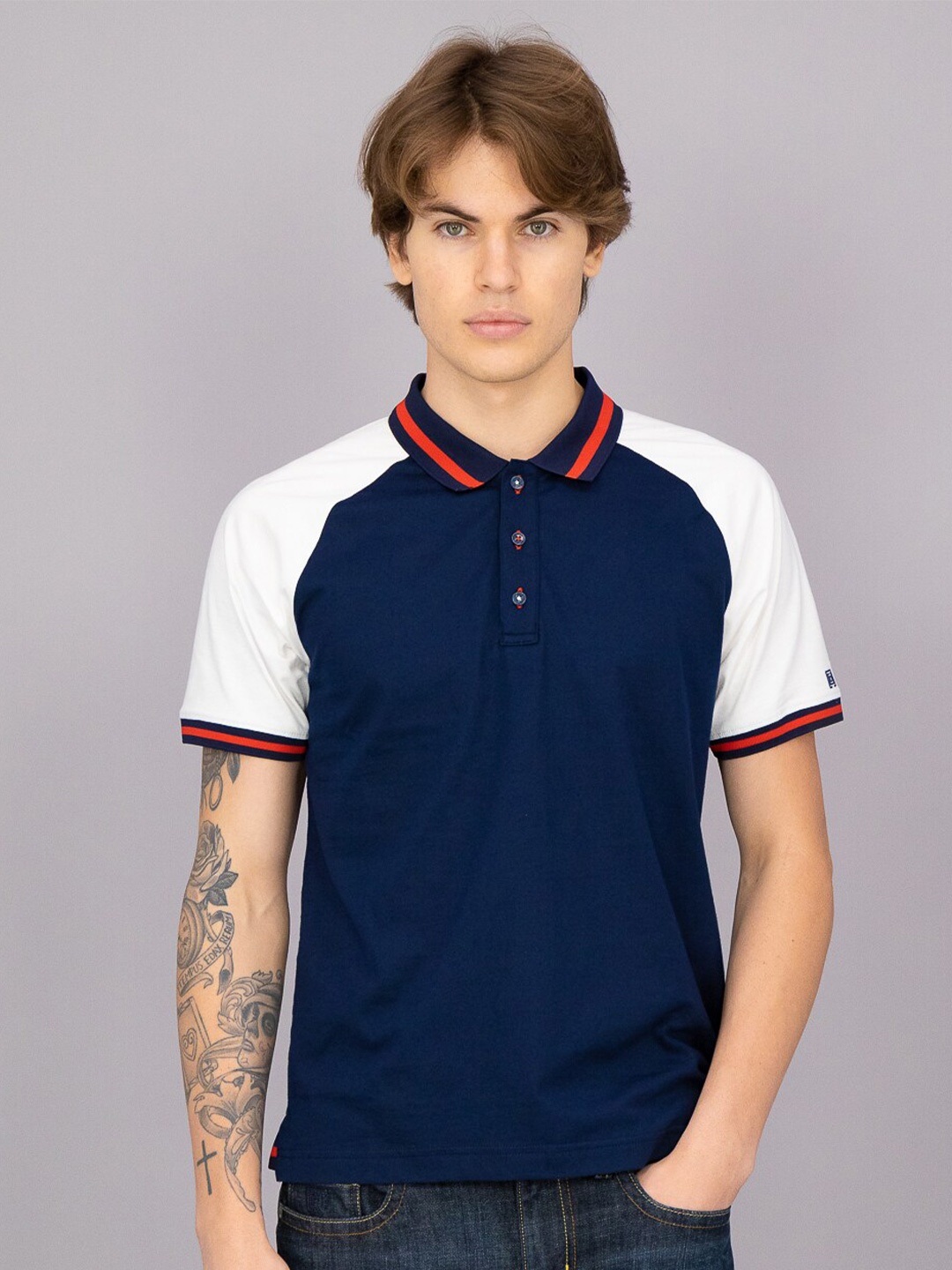 

FREESOUL Men Blue & White Colourblocked Polo Collar Pure Cotton T-shirt