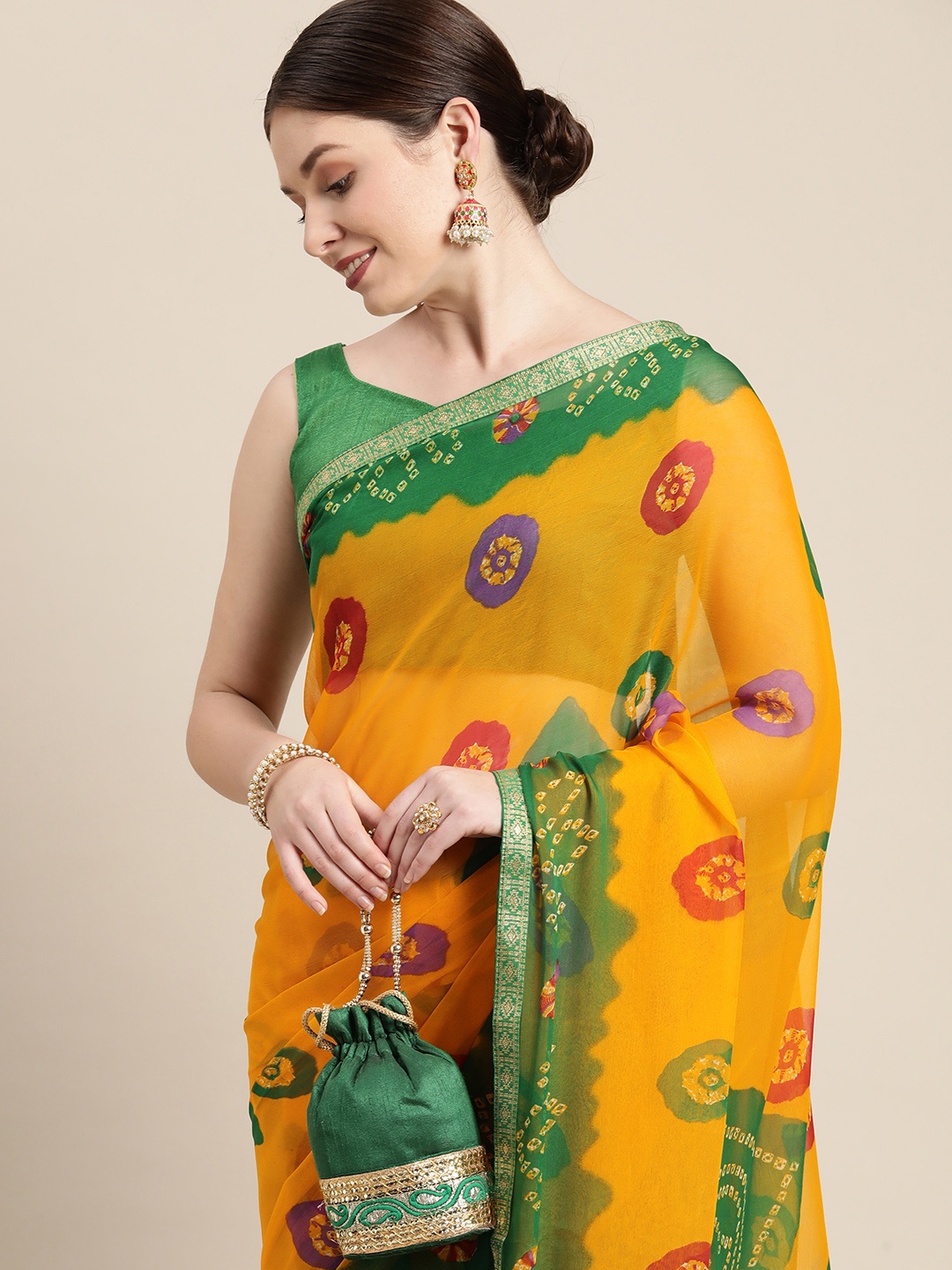 

Saree mall Yellow & Green Ethnic Motifs Bandhani Sarees