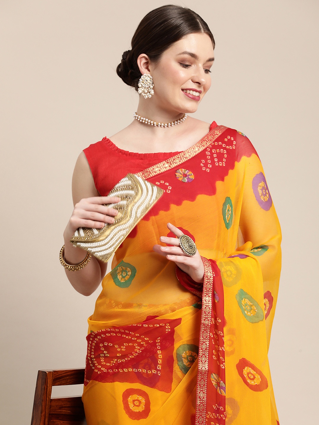 

Saree mall Mustard Yellow & Red Bandhani Sarees
